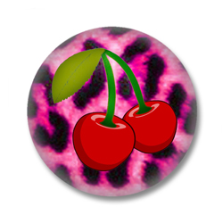 Rockabilly Button Badge Kirschen und Pinkes Leopardenfell